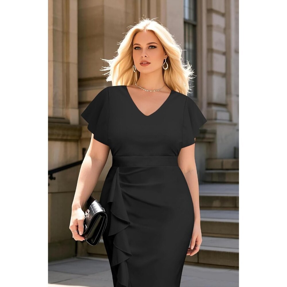 Plus Size Cocktail Dress Women Ruffle Bodycon Wedding Church Vintage - Picture 3 of 6